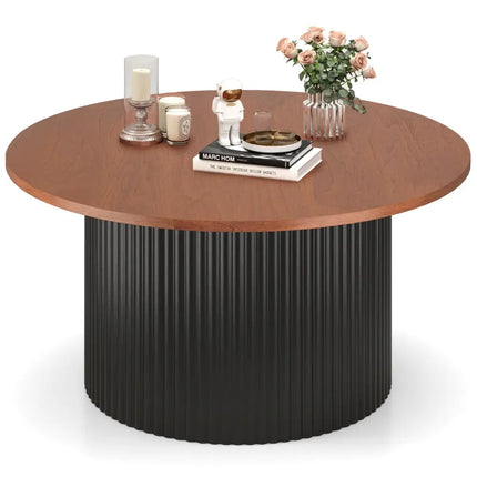 Round Coffee Table with Solid Wood Frame and Wooden Top-Walnut - Walnut - Coffee Tables