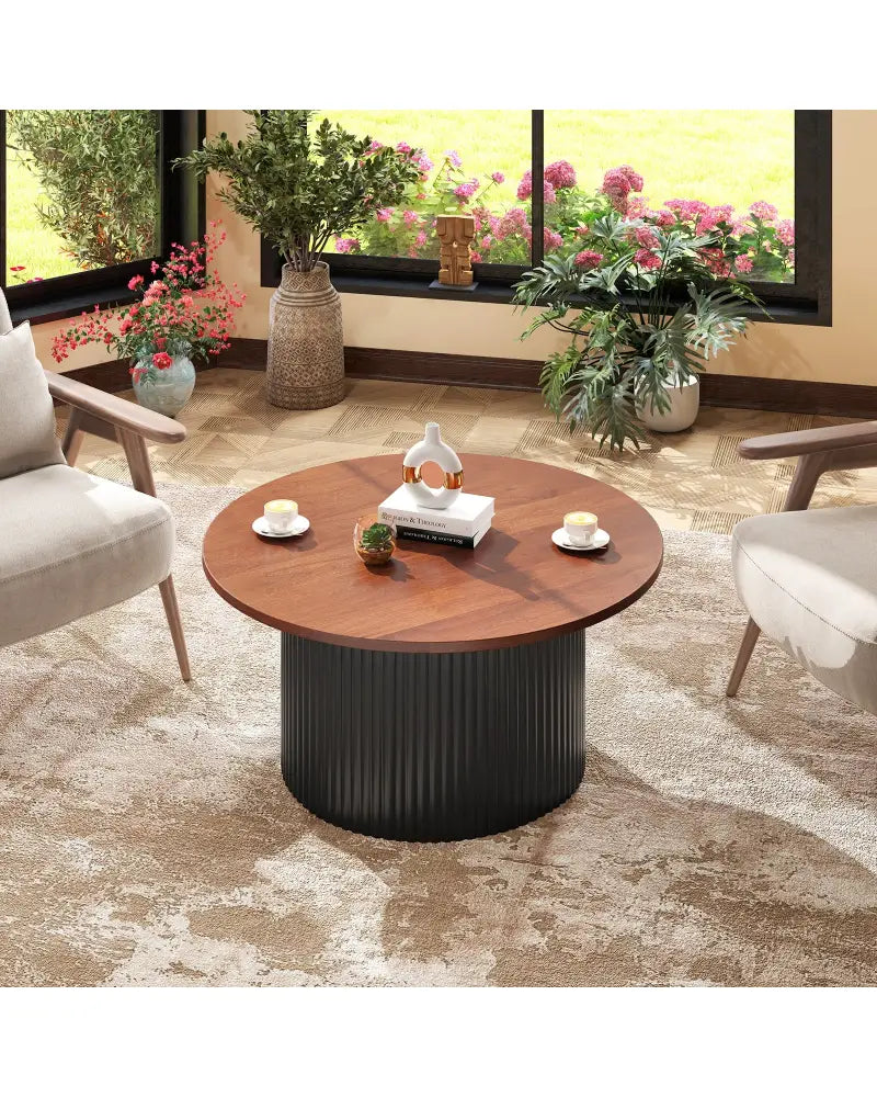 Round Coffee Table with Solid Wood Frame and Wooden Top-Walnut - Walnut - Coffee Tables