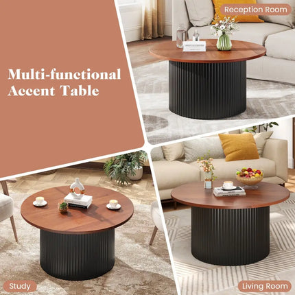 Round Coffee Table with Solid Wood Frame and Wooden Top-Walnut - Walnut - Coffee Tables