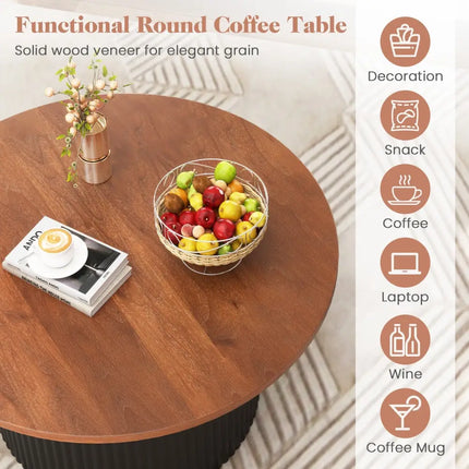Round Coffee Table with Solid Wood Frame and Wooden Top-Walnut - Walnut - Coffee Tables