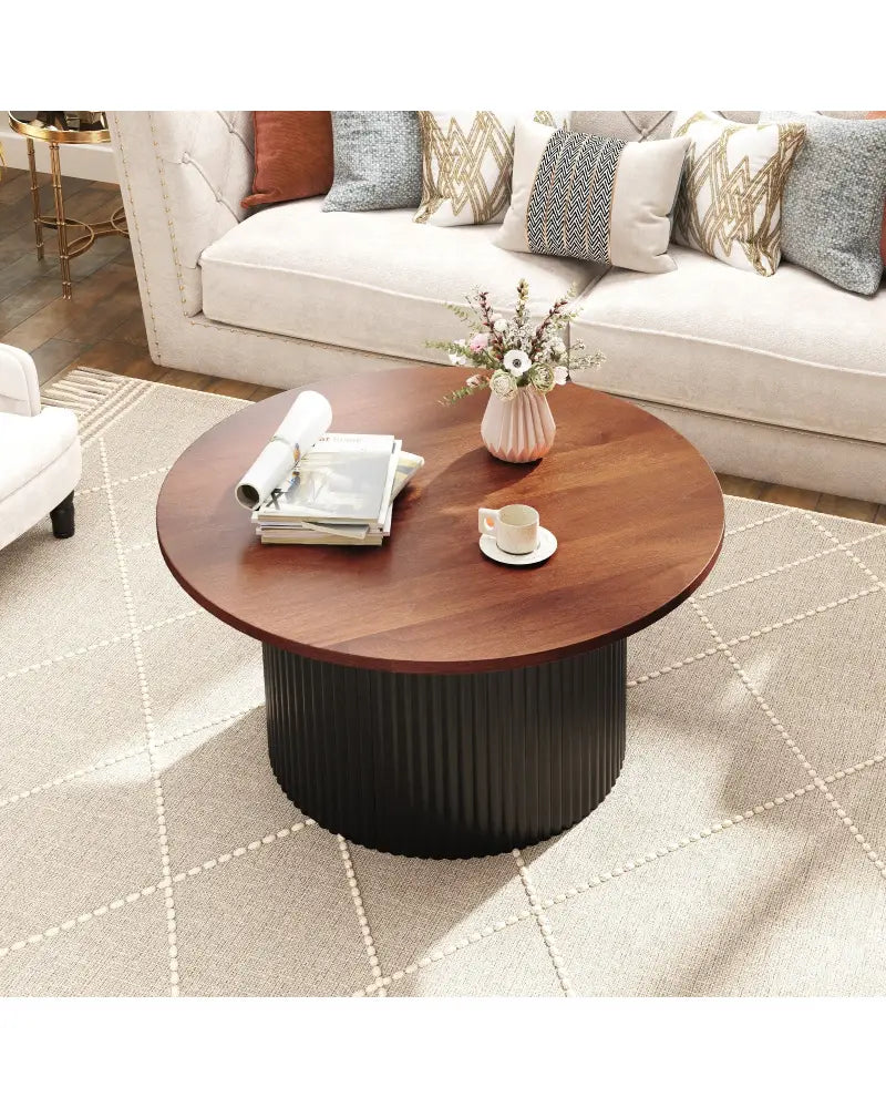 Round Coffee Table with Solid Wood Frame and Wooden Top-Walnut - Walnut - Coffee Tables