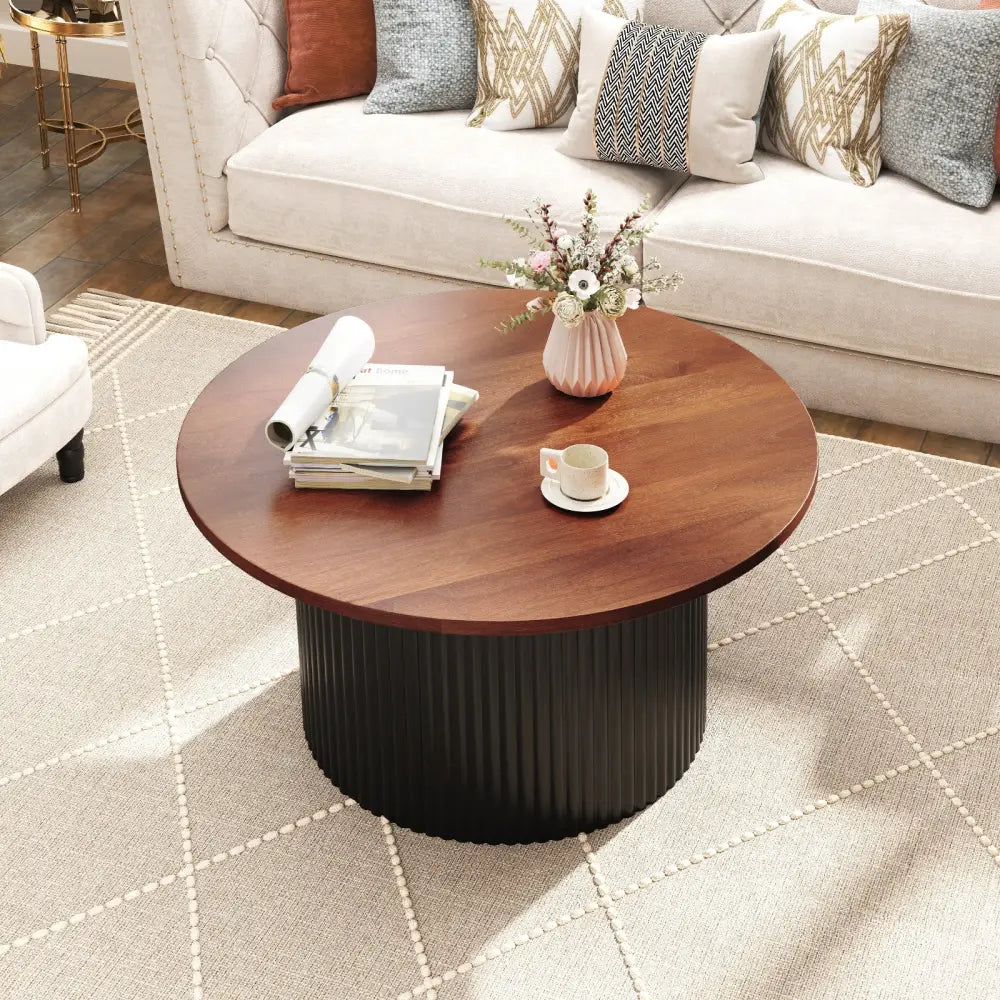 Round Coffee Table with Solid Wood Frame and Wooden Top-Walnut - Walnut - Coffee Tables