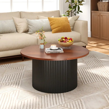 Round Coffee Table with Solid Wood Frame and Wooden Top-Walnut - Walnut - Coffee Tables