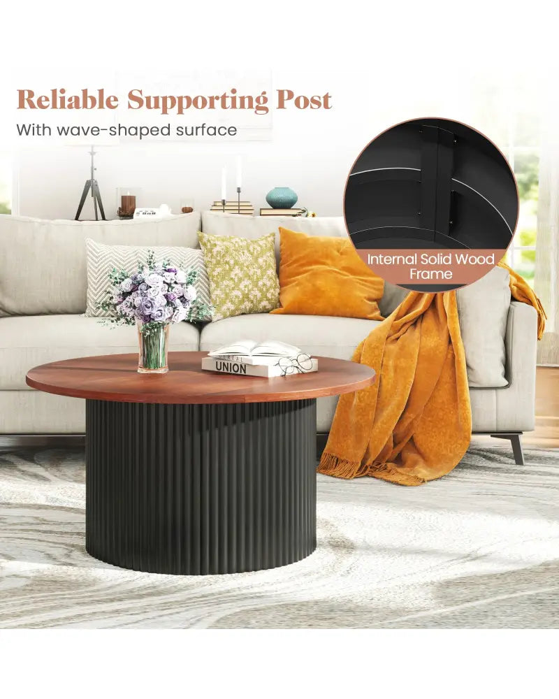 Round Coffee Table with Solid Wood Frame and Wooden Top-Walnut - Walnut - Coffee Tables