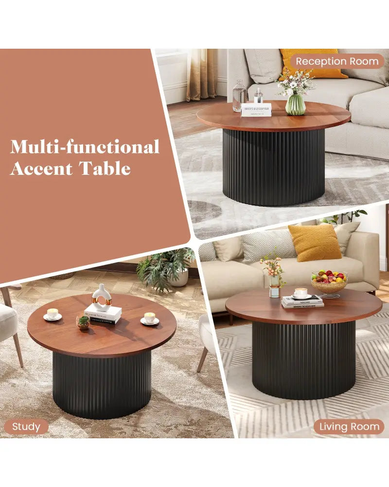 Round Coffee Table with Solid Wood Frame and Wooden Top-Walnut - Walnut - Coffee Tables