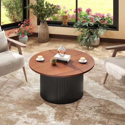 Round Coffee Table with Solid Wood Frame and Wooden Top-Walnut - Walnut - Coffee Tables