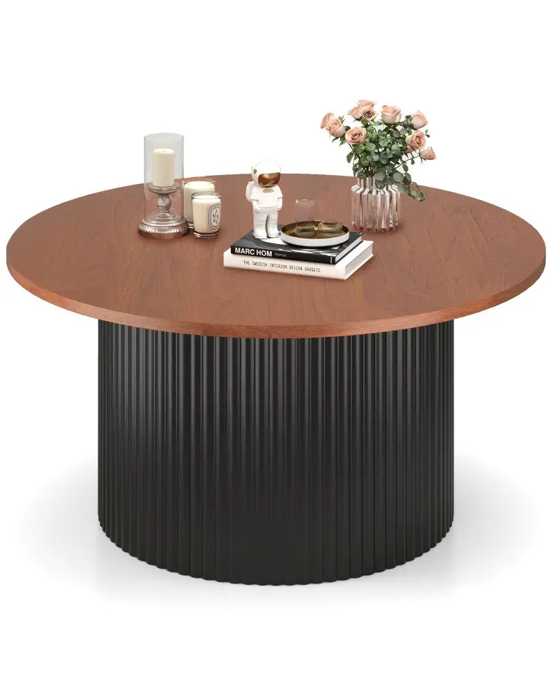 Round Coffee Table with Solid Wood Frame and Wooden Top-Walnut - Walnut - Coffee Tables