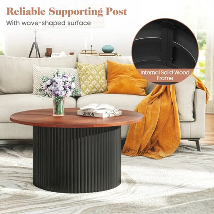 Round Coffee Table with Solid Wood Frame and Wooden Top-Walnut - Walnut - Coffee Tables