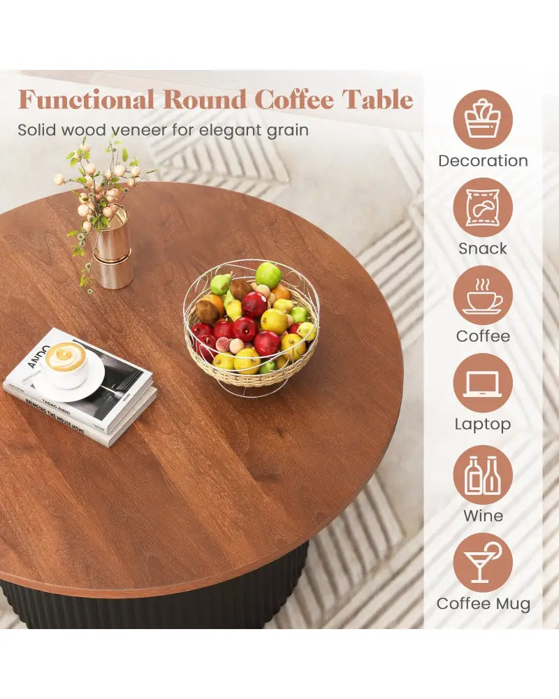 Round Coffee Table with Solid Wood Frame and Wooden Top-Walnut - Walnut - Coffee Tables