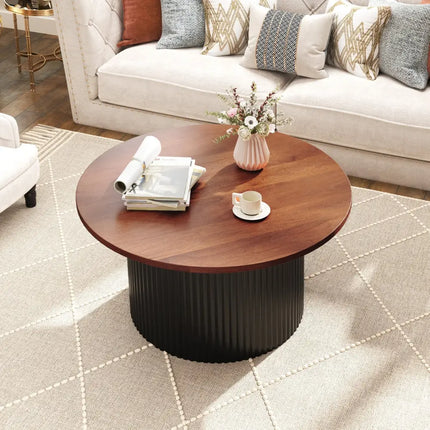 Round Coffee Table with Solid Wood Frame and Wooden Top-Walnut - Walnut - Coffee Tables