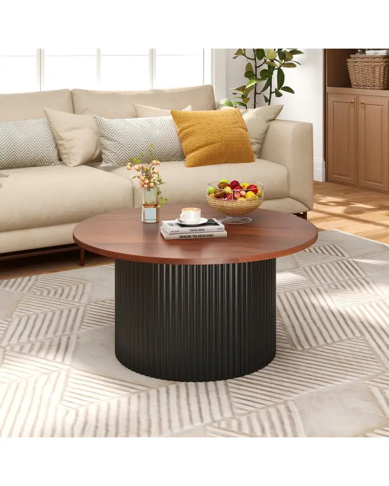 Round Coffee Table with Solid Wood Frame and Wooden Top-Walnut - Walnut - Coffee Tables