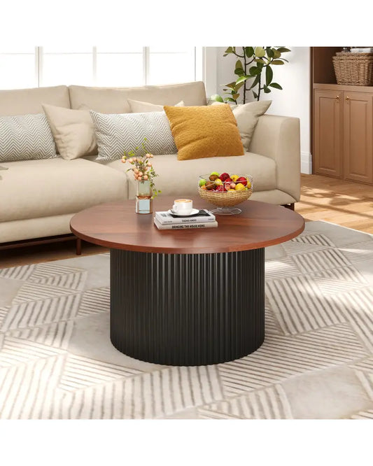 Round Coffee Table with Solid Wood Frame and Wooden Top-Walnut - Walnut - Coffee Tables