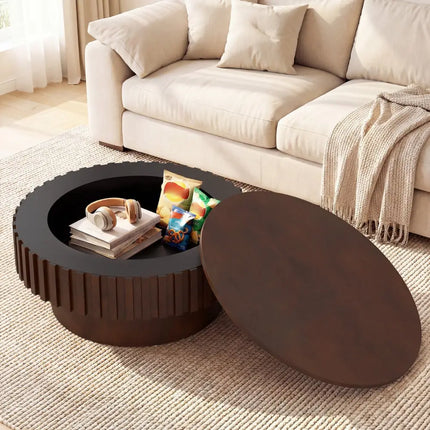 Round Coffee Table with Storage Modern Wooden Drum Coffee Table with Hidden Compartment-Walnut - Walnut - Coffee Tables