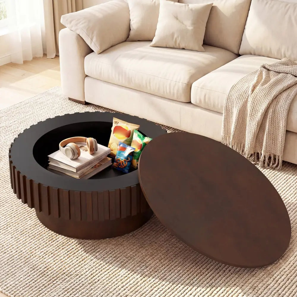 Round Coffee Table with Storage Modern Wooden Drum Coffee Table with Hidden Compartment-Walnut - Walnut - Coffee Tables