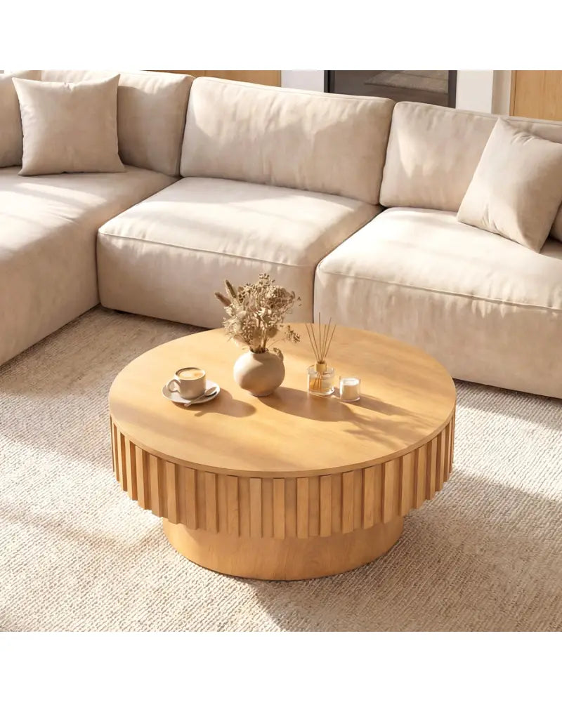 Round Coffee Table with Storage Modern Wooden Drum Coffee Table with Hidden Compartment-Natural - Natural - Coffee