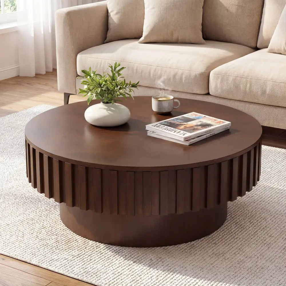 Round Coffee Table with Storage Modern Wooden Drum Coffee Table with Hidden Compartment-Walnut - Walnut - Coffee Tables