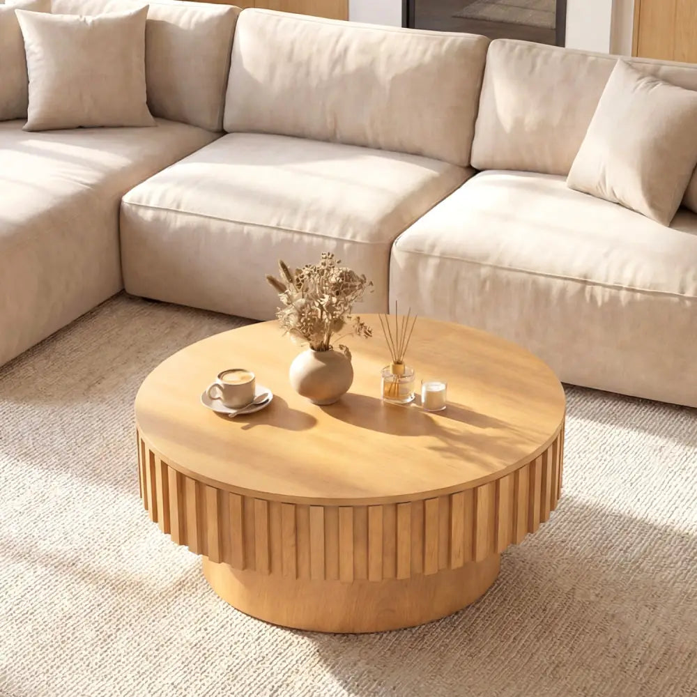 Round Coffee Table with Storage Modern Wooden Drum Coffee Table with Hidden Compartment-Natural - Natural - Coffee