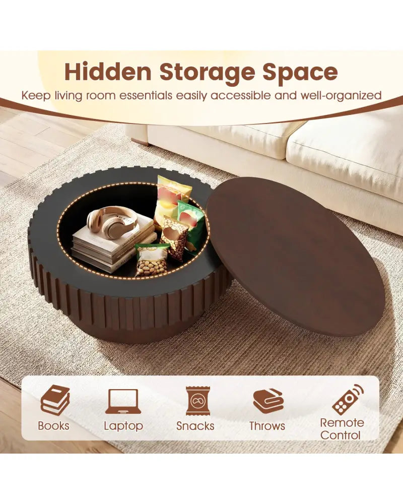 Round Coffee Table with Storage Modern Wooden Drum Coffee Table with Hidden Compartment-Walnut - Walnut - Coffee Tables