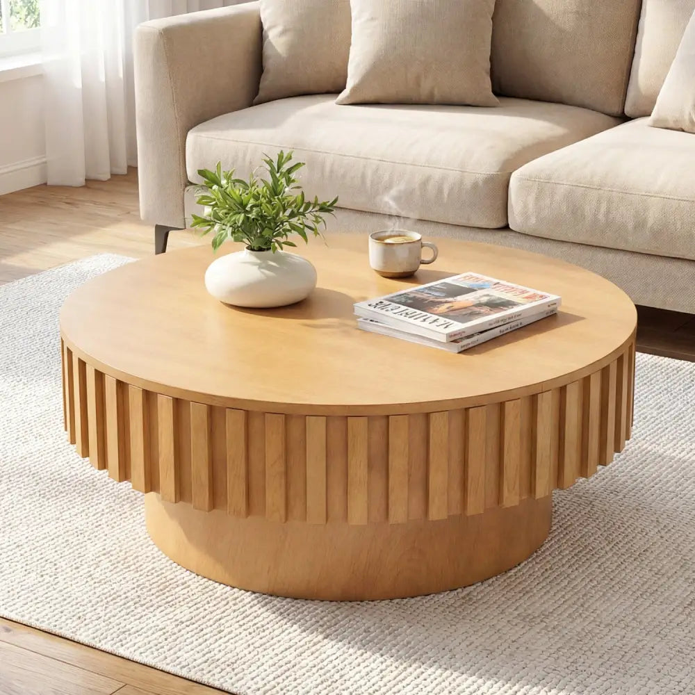 Round Coffee Table with Storage Modern Wooden Drum Coffee Table with Hidden Compartment-Natural - Natural - Coffee
