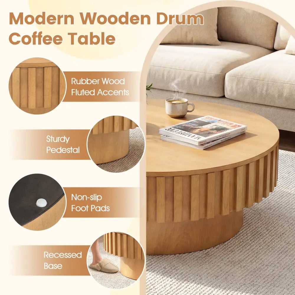 Round Coffee Table with Storage Modern Wooden Drum Coffee Table with Hidden Compartment-Natural - Natural - Coffee