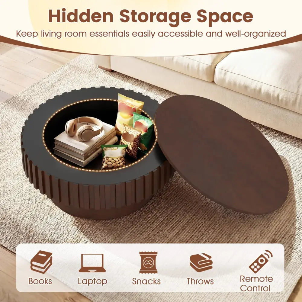 Round Coffee Table with Storage Modern Wooden Drum Coffee Table with Hidden Compartment-Walnut - Walnut - Coffee Tables