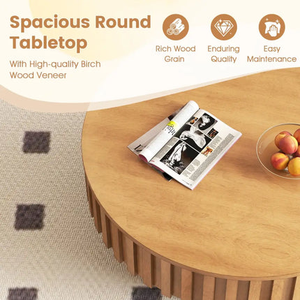 Round Coffee Table with Storage Modern Wooden Drum Coffee Table with Hidden Compartment-Natural - Natural - Coffee