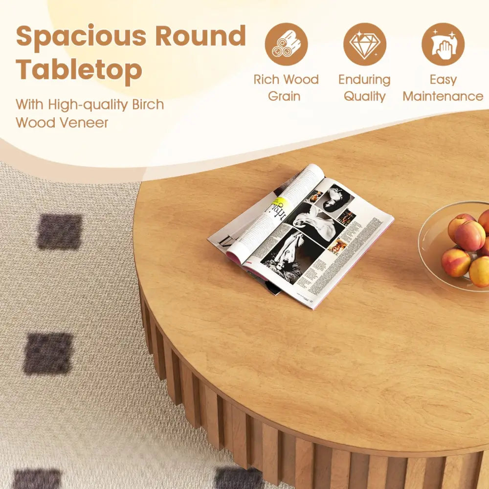 Round Coffee Table with Storage Modern Wooden Drum Coffee Table with Hidden Compartment-Natural - Natural - Coffee