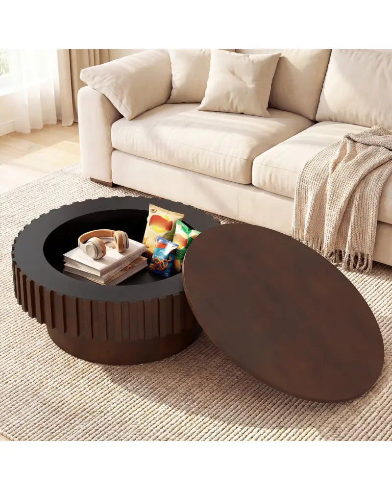 Round Coffee Table with Storage Modern Wooden Drum Coffee Table with Hidden Compartment-Walnut - Walnut - Coffee Tables