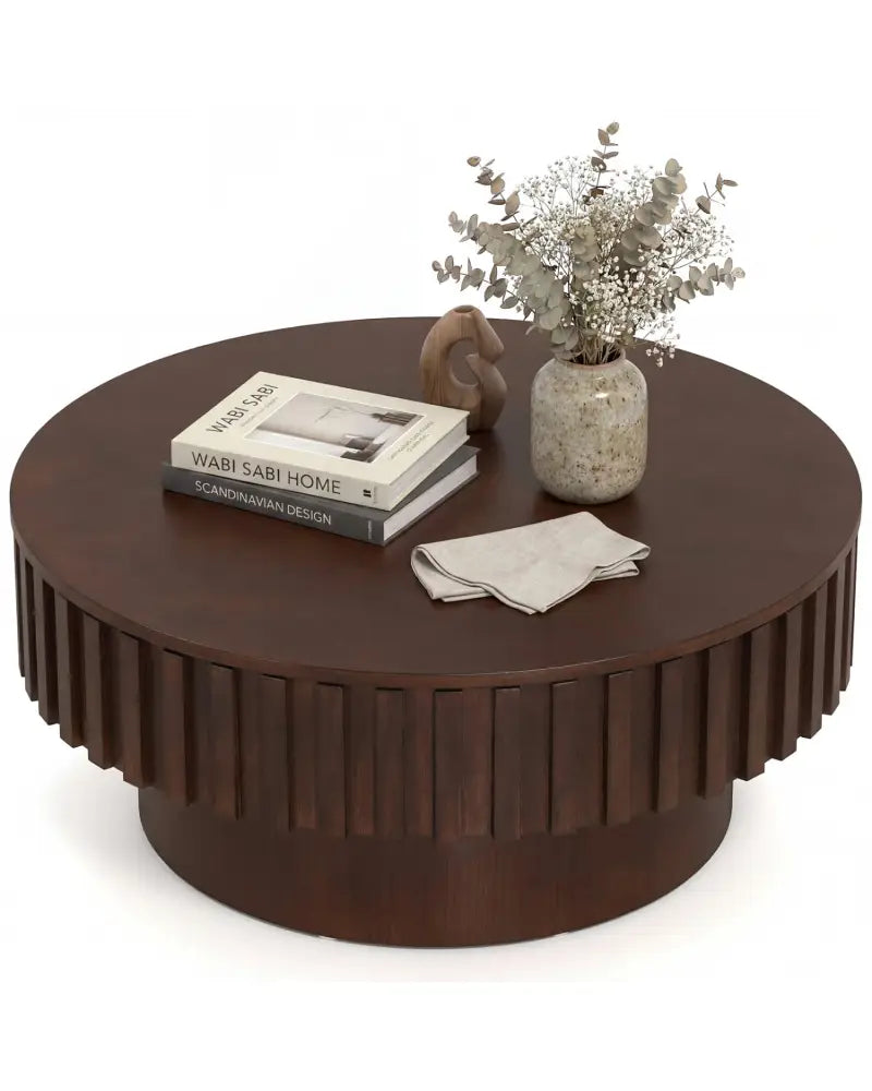 Round Coffee Table with Storage Modern Wooden Drum Coffee Table with Hidden Compartment-Walnut - Walnut - Coffee Tables