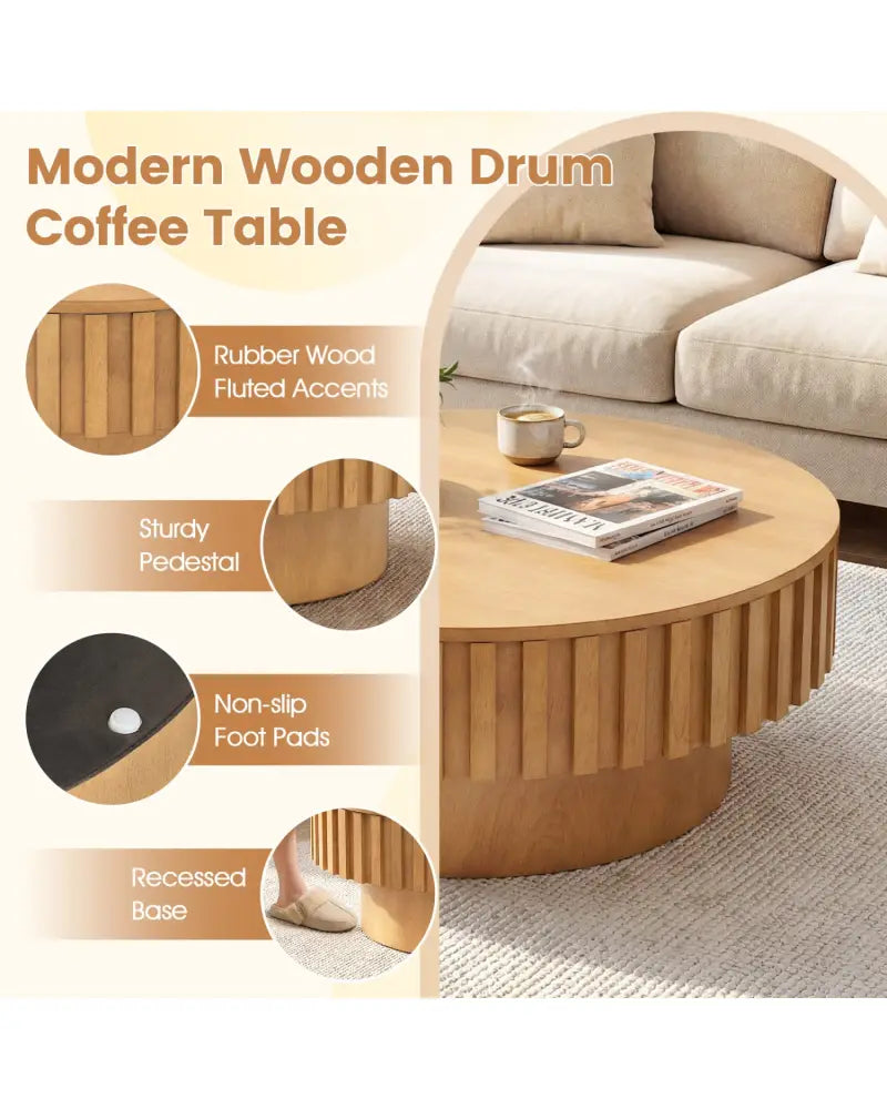 Round Coffee Table with Storage Modern Wooden Drum Coffee Table with Hidden Compartment-Natural - Natural - Coffee