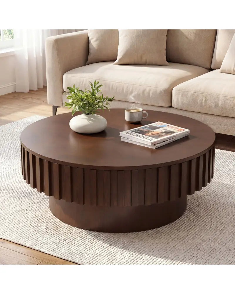 Round Coffee Table with Storage Modern Wooden Drum Coffee Table with Hidden Compartment-Walnut - Walnut - Coffee Tables