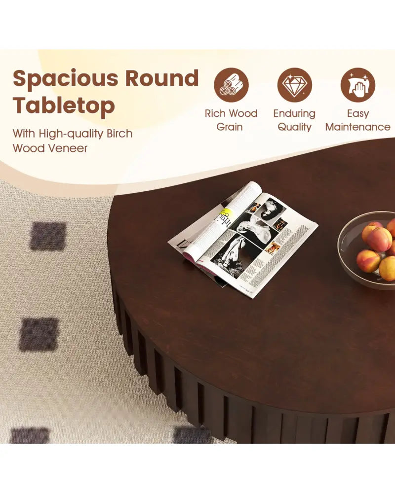 Round Coffee Table with Storage Modern Wooden Drum Coffee Table with Hidden Compartment-Walnut - Walnut - Coffee Tables