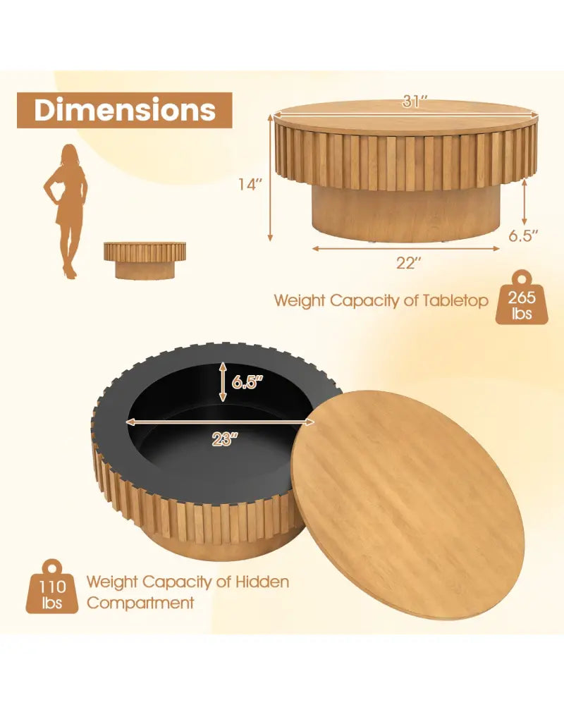 Round Coffee Table with Storage Modern Wooden Drum Coffee Table with Hidden Compartment-Natural - Natural - Coffee