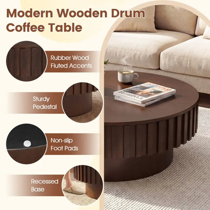 Round Coffee Table with Storage Modern Wooden Drum Coffee Table with Hidden Compartment-Walnut - Walnut - Coffee Tables