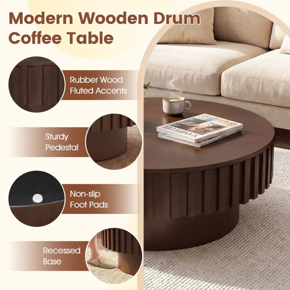 Round Coffee Table with Storage Modern Wooden Drum Coffee Table with Hidden Compartment-Walnut - Walnut - Coffee Tables