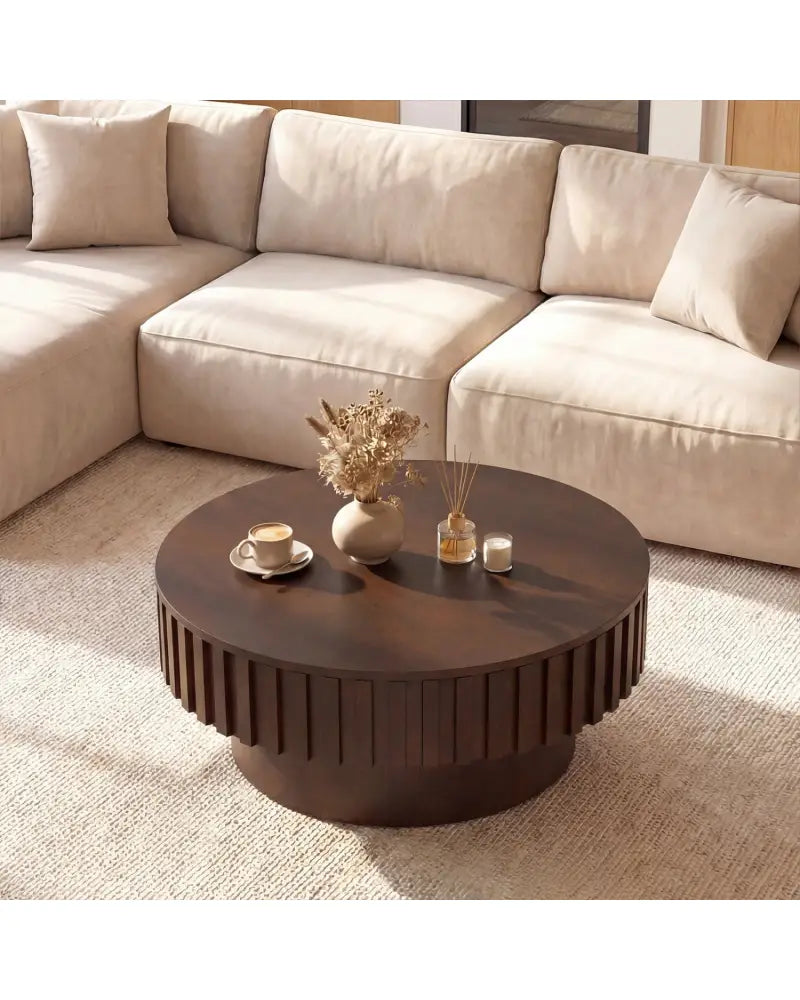 Round Coffee Table with Storage Modern Wooden Drum Coffee Table with Hidden Compartment-Walnut - Walnut - Coffee Tables