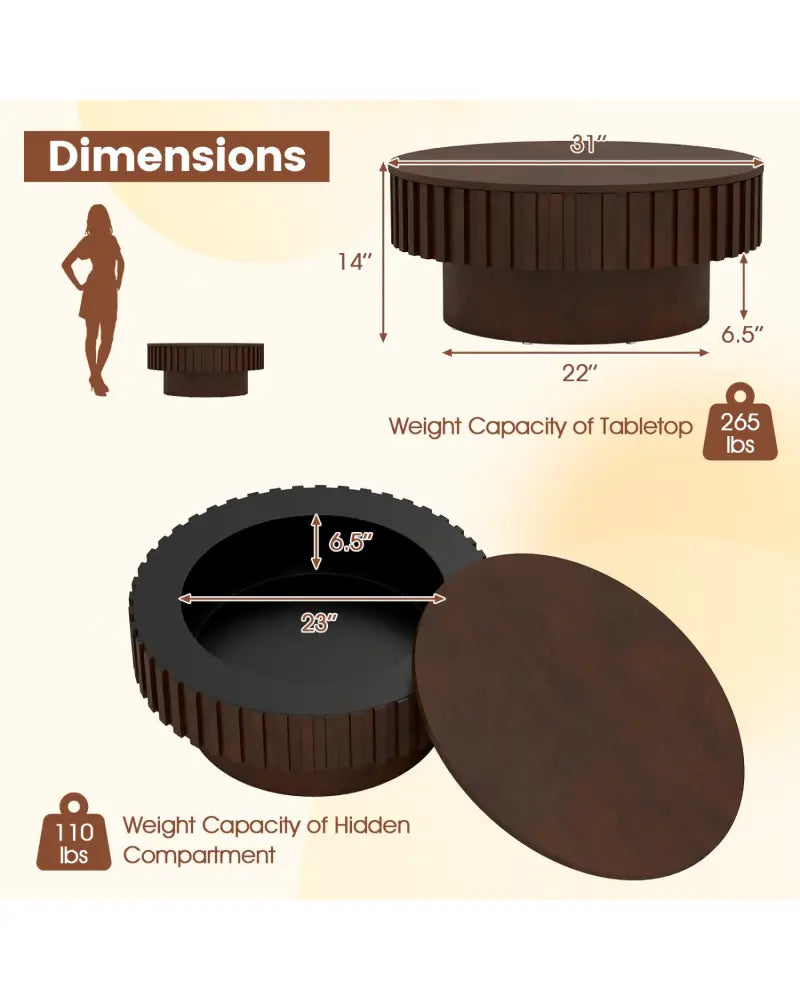 Round Coffee Table with Storage Modern Wooden Drum Coffee Table with Hidden Compartment-Walnut - Walnut - Coffee Tables