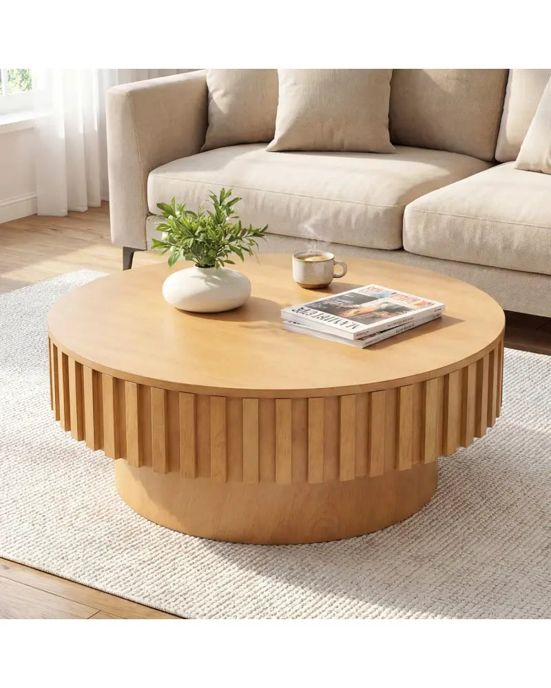 Round Coffee Table with Storage Modern Wooden Drum Coffee Table with Hidden Compartment-Natural - Natural - Coffee