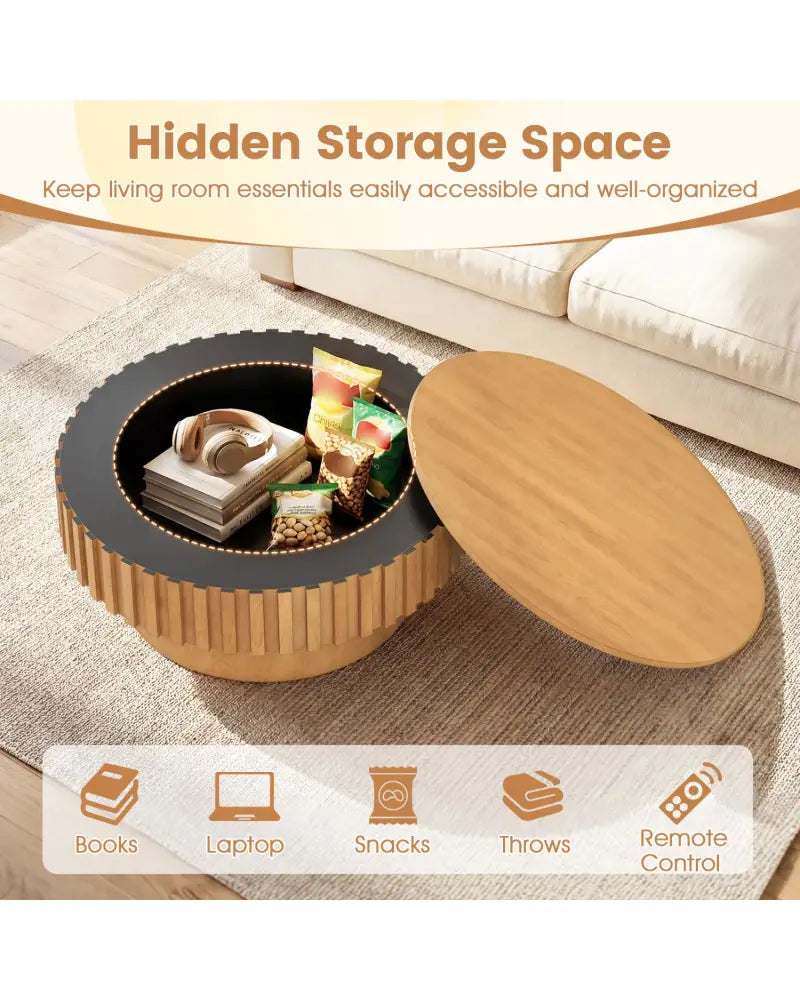 Round Coffee Table with Storage Modern Wooden Drum Coffee Table with Hidden Compartment-Natural - Natural - Coffee