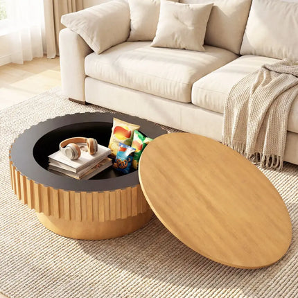 Round Coffee Table with Storage Modern Wooden Drum Coffee Table with Hidden Compartment-Natural - Natural - Coffee