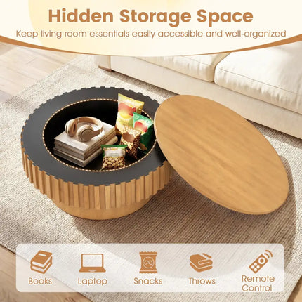 Round Coffee Table with Storage Modern Wooden Drum Coffee Table with Hidden Compartment-Natural - Natural - Coffee