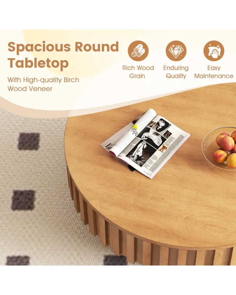 Round Coffee Table with Storage Modern Wooden Drum Coffee Table with Hidden Compartment-Natural - Natural - Coffee
