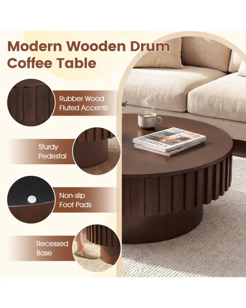 Round Coffee Table with Storage Modern Wooden Drum Coffee Table with Hidden Compartment-Walnut - Walnut - Coffee Tables