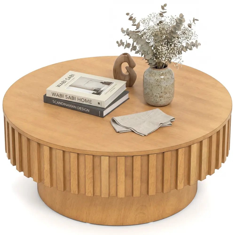 Round Coffee Table with Storage Modern Wooden Drum Coffee Table with Hidden Compartment-Natural - Natural - Coffee