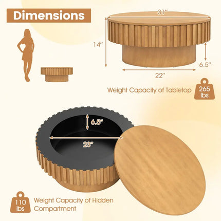 Round Coffee Table with Storage Modern Wooden Drum Coffee Table with Hidden Compartment-Natural - Natural - Coffee