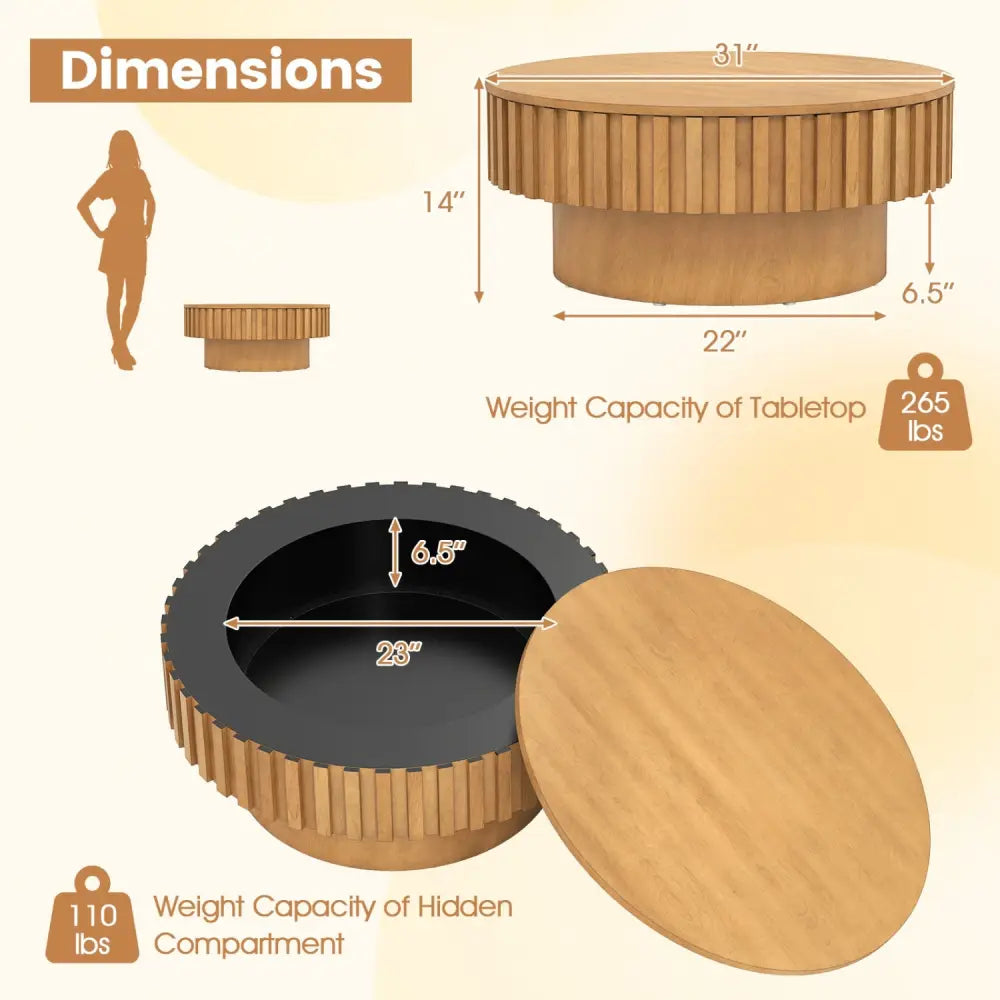 Round Coffee Table with Storage Modern Wooden Drum Coffee Table with Hidden Compartment-Natural - Natural - Coffee