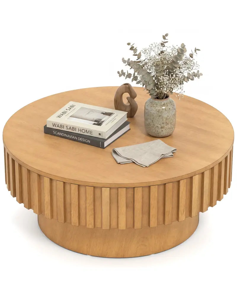 Round Coffee Table with Storage Modern Wooden Drum Coffee Table with Hidden Compartment-Natural - Natural - Coffee
