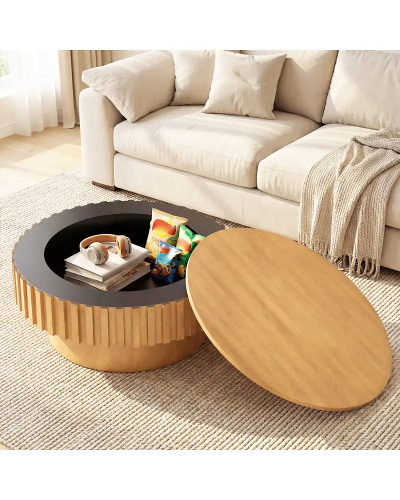 Round Coffee Table with Storage Modern Wooden Drum Coffee Table with Hidden Compartment-Natural - Natural - Coffee
