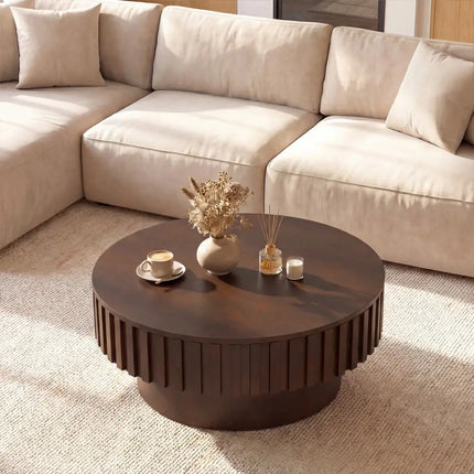 Round Coffee Table with Storage Modern Wooden Drum Coffee Table with Hidden Compartment-Walnut - Walnut - Coffee Tables
