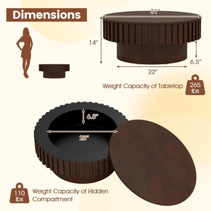 Round Coffee Table with Storage Modern Wooden Drum Coffee Table with Hidden Compartment-Walnut - Walnut - Coffee Tables